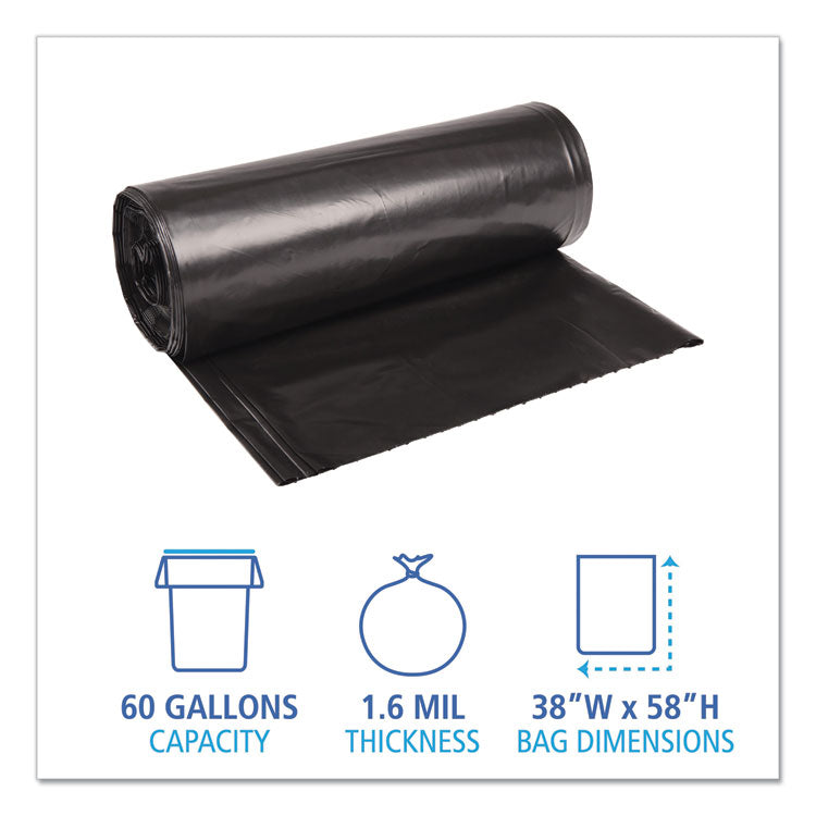 Recycled Low-Density Polyethylene Can Liners, 60 gal, 1.6 mil, 38 x 58 , Black, Perforated, 10 Bags/Roll, 10 Rolls/Carton