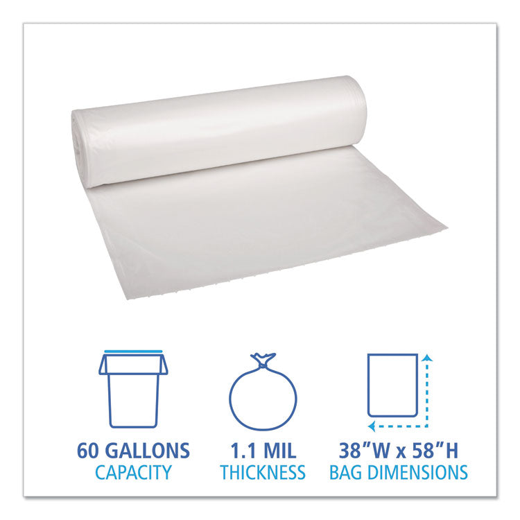 Recycled Low-Density Polyethylene Can Liners, 60 gal, 1.1 mil, 38" x 58", Clear, 10 Bags/Roll, 10 Rolls/Carton
