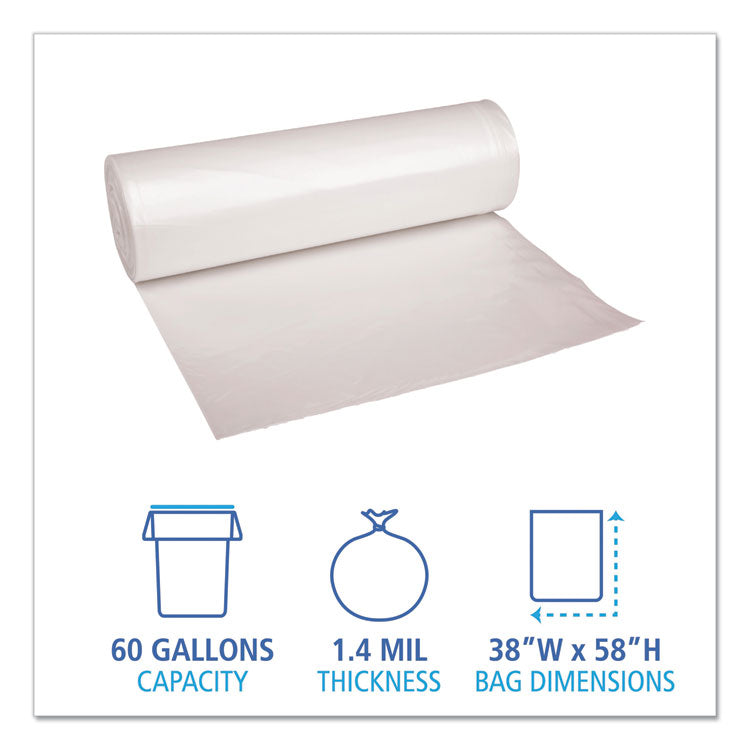 Recycled Low-Density Polyethylene Can Liners, 60 gal, 1.4 mil, 38 x 58 , Clear, Perforated, 10 Bags/Roll, 10 Rolls/Carton