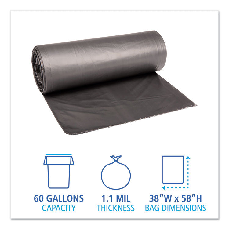 Low-Density Waste Can Liners, 60 gal, 1.1 mil, 38 x 58 , Gray, Perforated Roll, 20 Bags/Roll, 5 Rolls/Carton