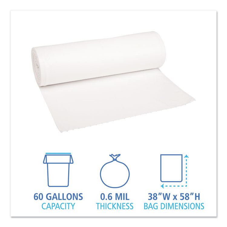 Low-Density Waste Can Liners, 60 gal, 0.6 mil, 38 x 58 , White, Perforated Roll, 25 Bags/Roll, 4 Rolls/Carton