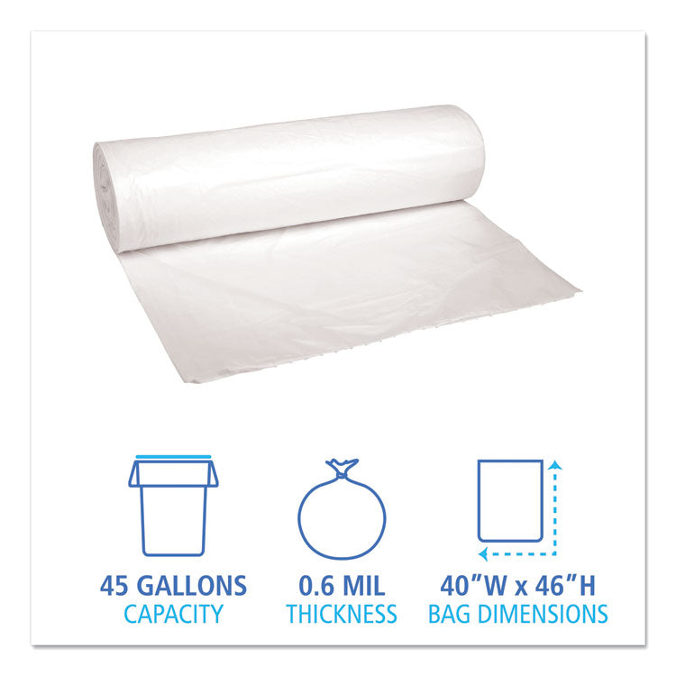 Low-Density Waste Can Liners, 45 gal, 0.6 mil, 40 x 46 , White, Perforated Roll, 25 Bags/Roll, 4 Rolls/Carton