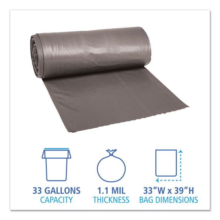 Low-Density Waste Can Liners, 33 gal, 1.1 mil, 33 x 39 , Gray, Perforated Roll, 25 Bags/Roll, 4 Rolls/Carton