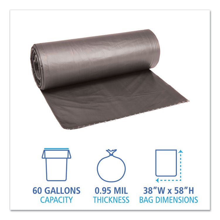 Low-Density Waste Can Liners, 60 gal, 0.95 mil, 38 x 58 , Gray, Perforated Roll, 25 Bags/Roll, 4 Rolls/Carton