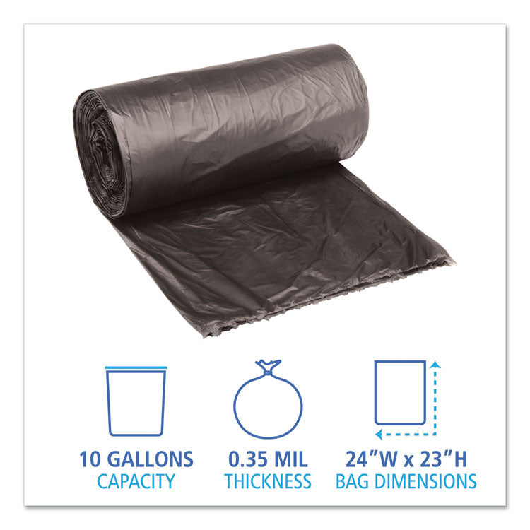 Low-Density Waste Can Liners, 10 gal, 0.35 mil, 24 x 23 , Black, Perforated Roll, 50 Bags/Roll, 10 Rolls/Carton
