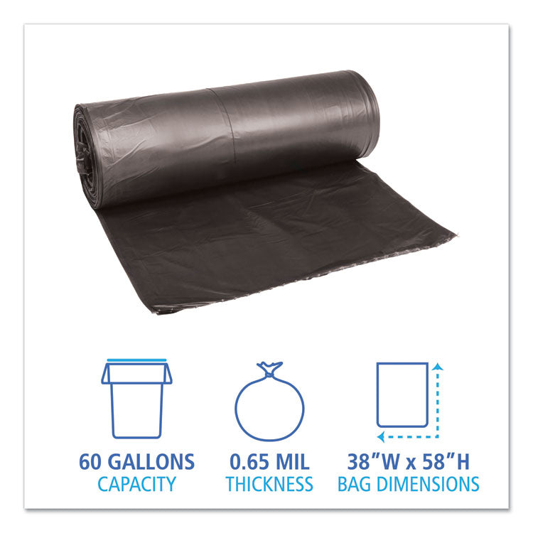 Low-Density Waste Can Liners, 60 gal, 0.65 mil, 38 x 58 , Black, Perforated Roll, 25 Bags/Roll, 4 Rolls/Carton