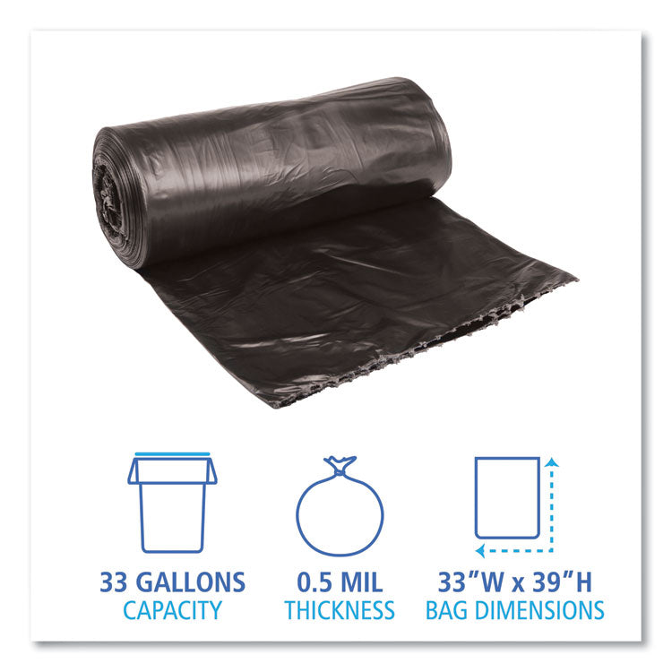 Low-Density Waste Can Liners, 33 gal, 0.5 mil, 33 x 39 , Black, Perforated Roll, 25 Bags/Roll, 8 Rolls/Carton