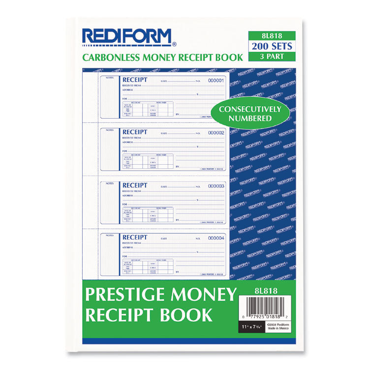 Money Receipt Book, Hardcover, Three-Part Carbonless, 7 x 2.75, 4 Forms/Sheet, 200 Forms Total