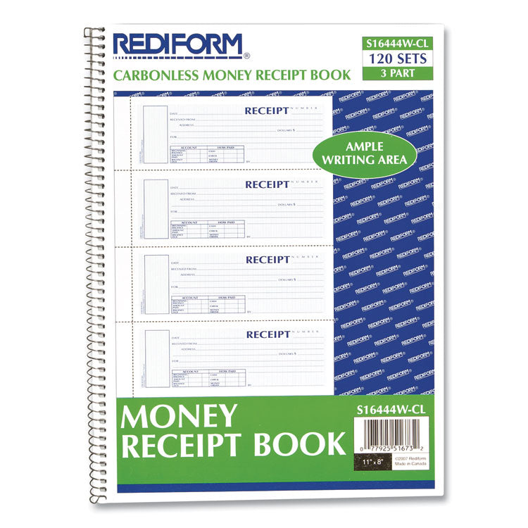 Spiralbound Unnumbered Money Receipt Book, Three-Part Carbonless, 7 x 2.75, 4 Forms/Sheet, 120 Forms Total