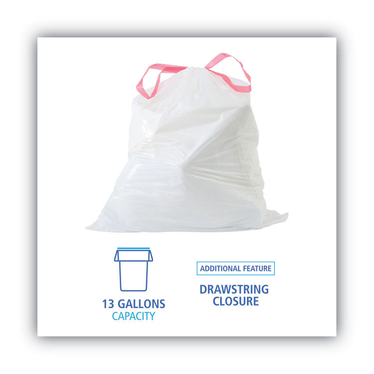 Drawstring Kitchen Bags, Drawstring, 13 gal, 24 x 28 , White, 50 Bags/Roll, 2 Rolls/Carton