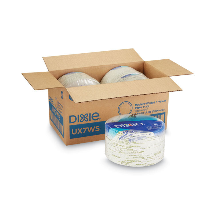 Pathways Soak-Proof Shield Mediumweight Paper Plates, WiseSize, 6.88" dia, Green/Burgundy, 500/Carton