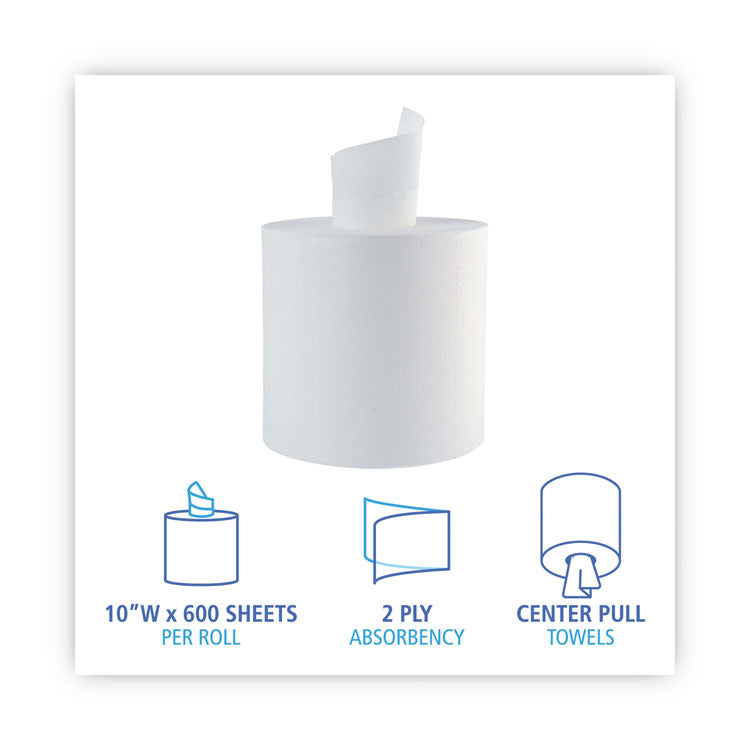 Center-Pull Roll Towels, 2-Ply, 10 x 7.6, White, 600/Roll, 6/Carton