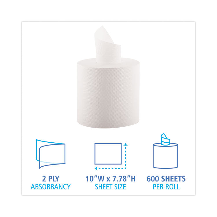 Center-Pull Hand Towels, 2-Ply, Perforated, 7.87 x 10, White, 600/Roll, 6 Rolls/Carton