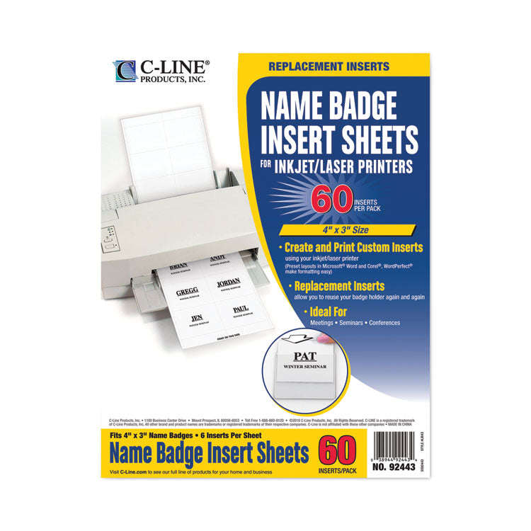 Name Badge Inserts, 4 x 3, White, 60/Pack