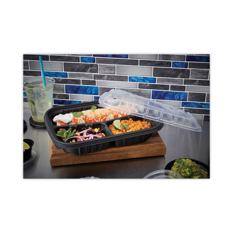 EarthChoice Entree2Go Takeout Container, 3-Compartment, 48 oz, 11.75 x 8.75 x 2.13, Black, Plastic, 200/Carton
