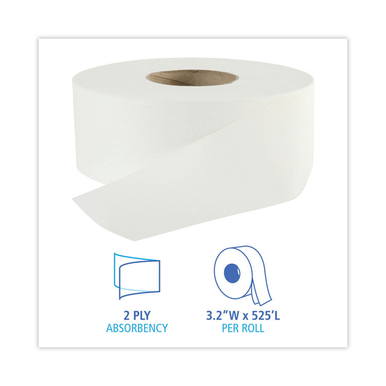 Jumbo Roll Bathroom Tissue, Septic Safe, 2-Ply, White, 3.2" x 525 ft, 12 Rolls/Carton