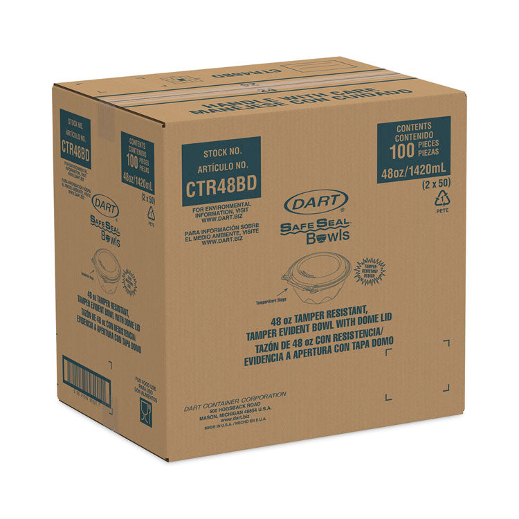 Tamper-Resistant, Tamper-Evident Bowls with Dome Lid, 48 oz, 8.9" Diameter x 3.4"h, Clear, Plastic, 100/Carton