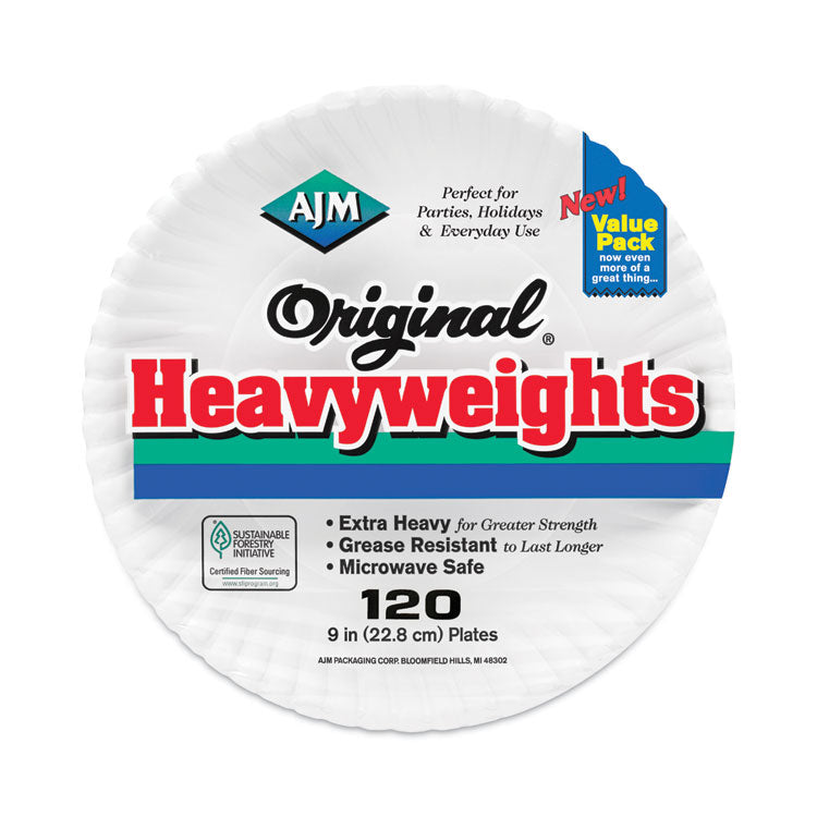 Original Heavyweights Paper Plates, 9" dia, White, 120/Pack, 8 Packs/Carton