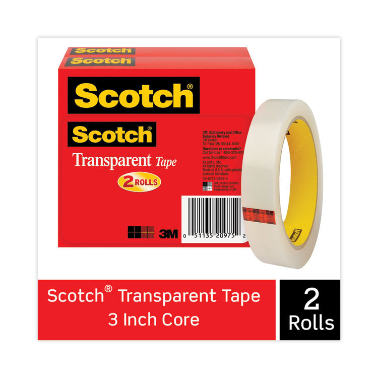 Transparent Tape, 3" Core, 0.75" x 72 yds, Transparent, 2/Pack