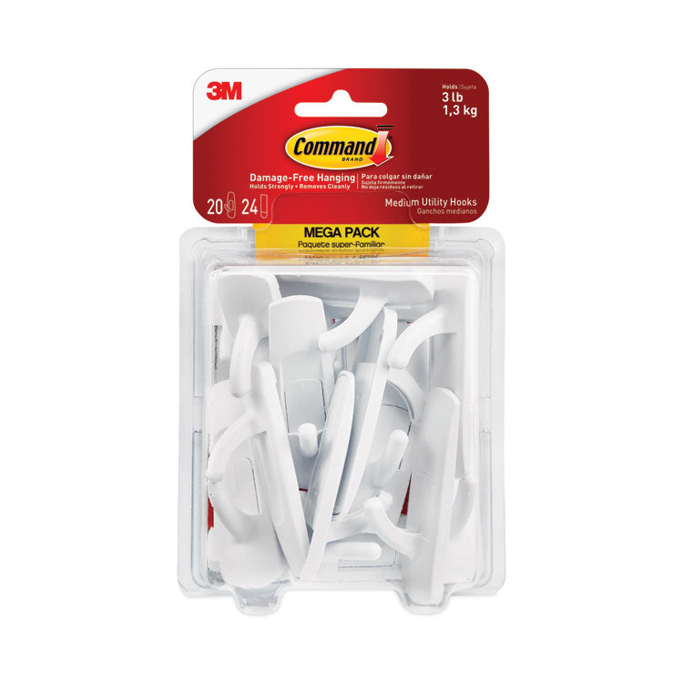 General Purpose Hooks, Medium, Plastic, White, 3 lb Capacity, 20 Hooks and 24 Strips/Pack