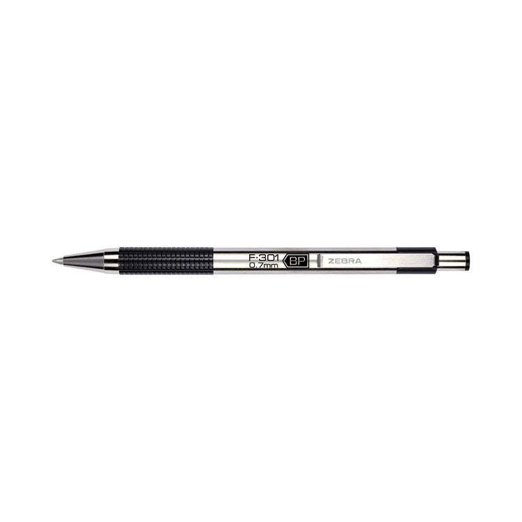 F-301 Ballpoint Pen, Retractable, Fine 0.7 mm, Black Ink, Stainless Steel/Black Barrel, 2/Pack