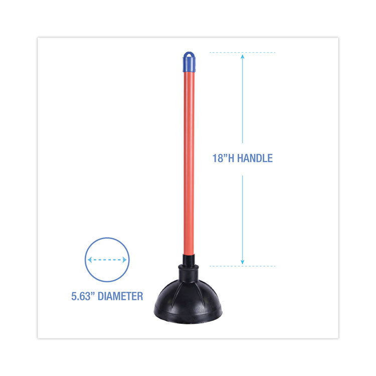 Toilet Plunger, 18" Plastic Handle, 5.63" dia, Red/Black, 6/Carton
