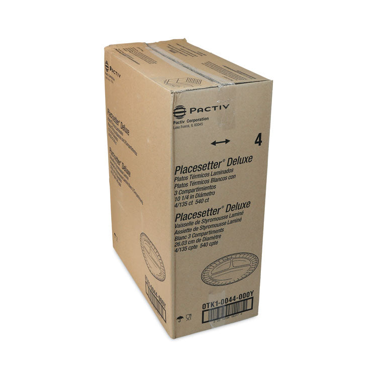 Placesetter Deluxe Laminated Foam Dinnerware, 3-Compartment Plate, 10.25 dia, White, 540/Carton