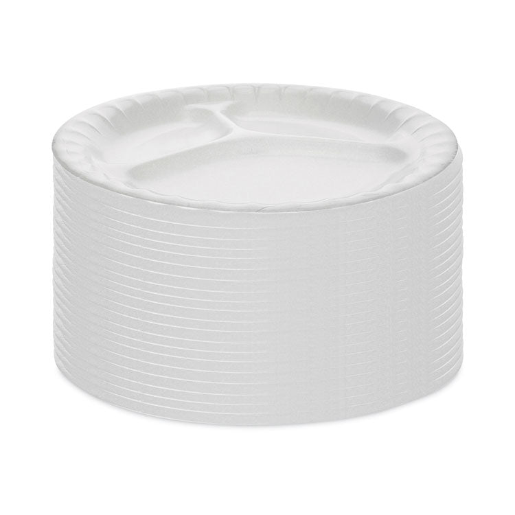 Placesetter Deluxe Laminated Foam Dinnerware, 3-Compartment Plate, 8.88 dia, White, 500/Carton