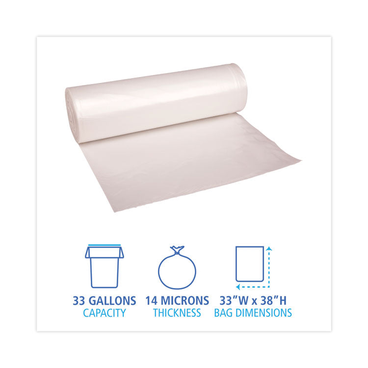 High-Density Can Liners, 33 gal, 14 mic, 33 x 38 , Natural, Perforated Roll, 25 Bags/Roll, 10 Rolls/Carton