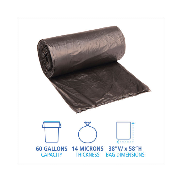 High-Density Can Liners, 60 gal, 14 mic, 38 x 58 , Black, Perforated Roll, 25 Bags/Roll, 8 Rolls/Carton