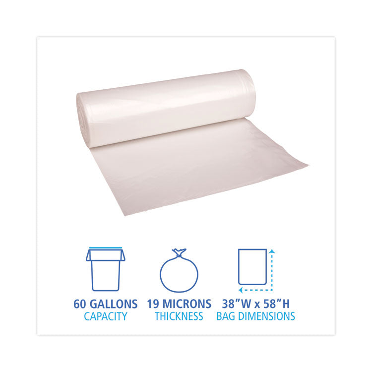 High-Density Can Liners, 60 gal, 19 mic, 38 x 58 , Natural, Perforated Roll, 25 Bags/Roll, 6 Rolls/Carton