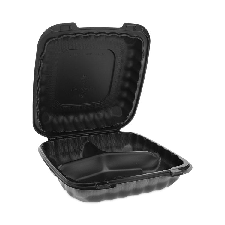 EarthChoice SmartLock Microwavable MFPP Hinged Lid Container, 3-Compartment, 9.33 x 8.88 x 3.1, Black, Plastic, 120/Carton