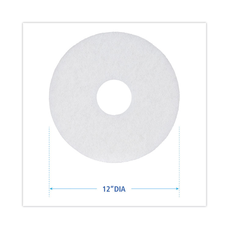 Polishing Floor Pads, 12" Diameter, White, 5/Carton