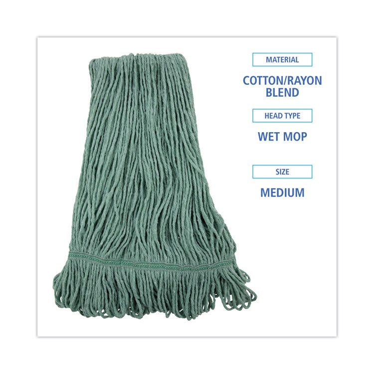 Mop Head, Premium Standard Head, Cotton/Rayon Fiber, Medium, Green, 12/Carton