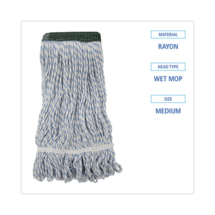 Mop Head, Floor Finish, Wide, Rayon/Polyester, Medium, White/Blue, 12/Carton