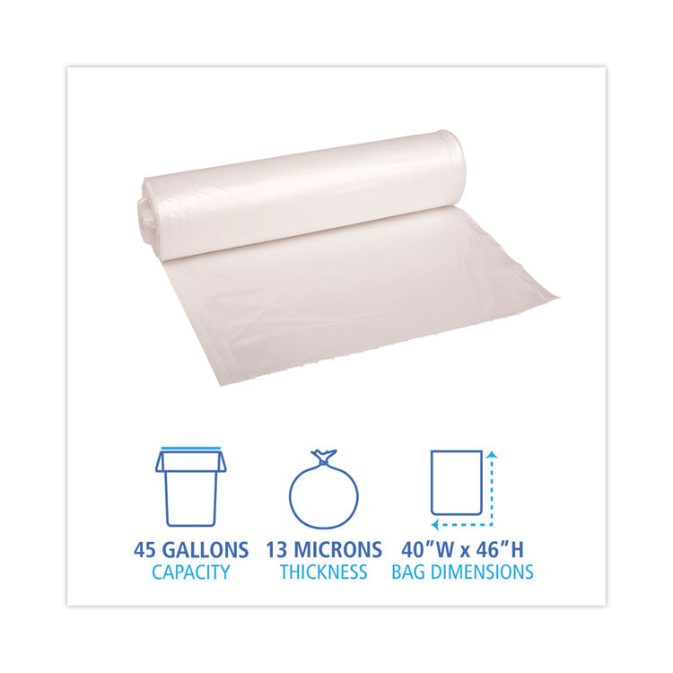 High-Density Can Liners, 45 gal, 13 mic, 40 x 46 , Natural, Perforated Roll, 25 Bags/Roll, 10 Rolls/Carton
