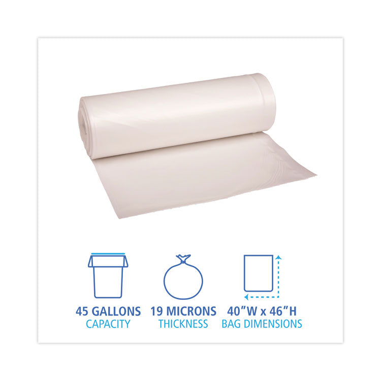 High-Density Can Liners, 45 gal, 19 mic, 40 x 46 , Natural, Perforated Roll, 25 Bags/Roll, 6 Rolls/Carton