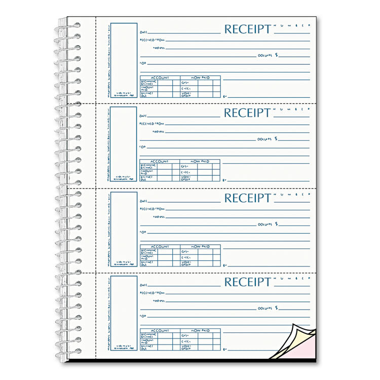 Spiralbound Unnumbered Money Receipt Book, Three-Part Carbonless, 7 x 2.75, 4 Forms/Sheet, 120 Forms Total