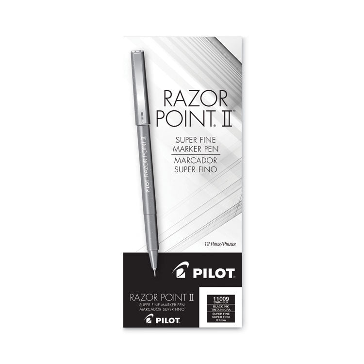 Razor Point II Super Fine Line Porous Point Pen, Stick, Ultra-Fine 0.2 mm, Black Ink, Black Barrel, Dozen