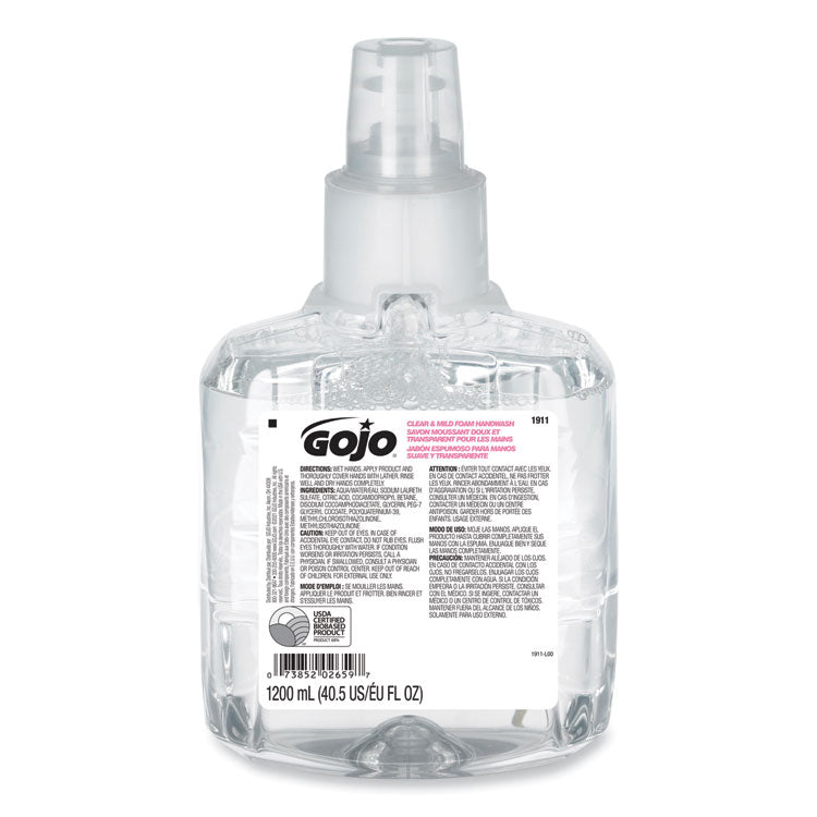 Clear and Mild Foam Handwash Refill, For GOJO LTX-12 Dispenser, Fragrance-Free, 1,200 mL Refill, 2/Carton
