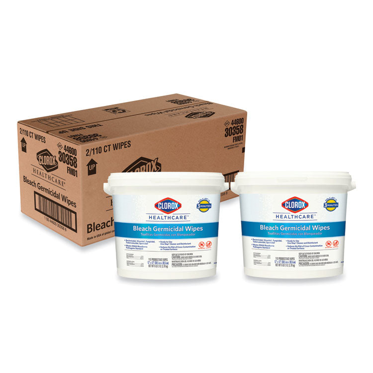 Bleach Germicidal Wipes, 1-Ply, 12 x 12, Unscented, White, 110/Canister, 2 Canisters/Carton