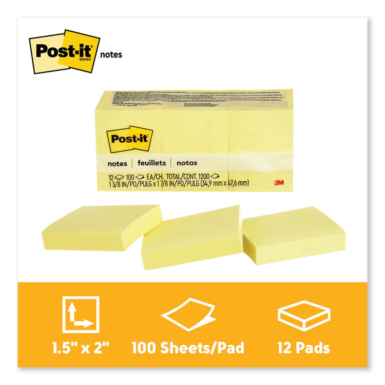 Original Pads in Canary Yellow, 1.38" x 1.88", 100 Sheets/Pad, 12 Pads/Pack