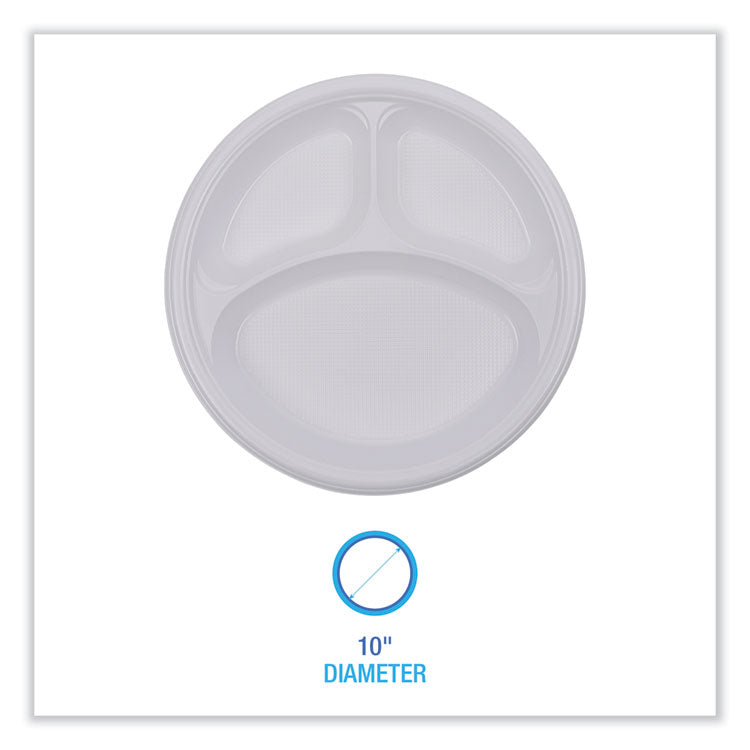 Hi-Impact Plastic Dinnerware, 3-Compartment Plate, 10 dia, White, 500/Carton