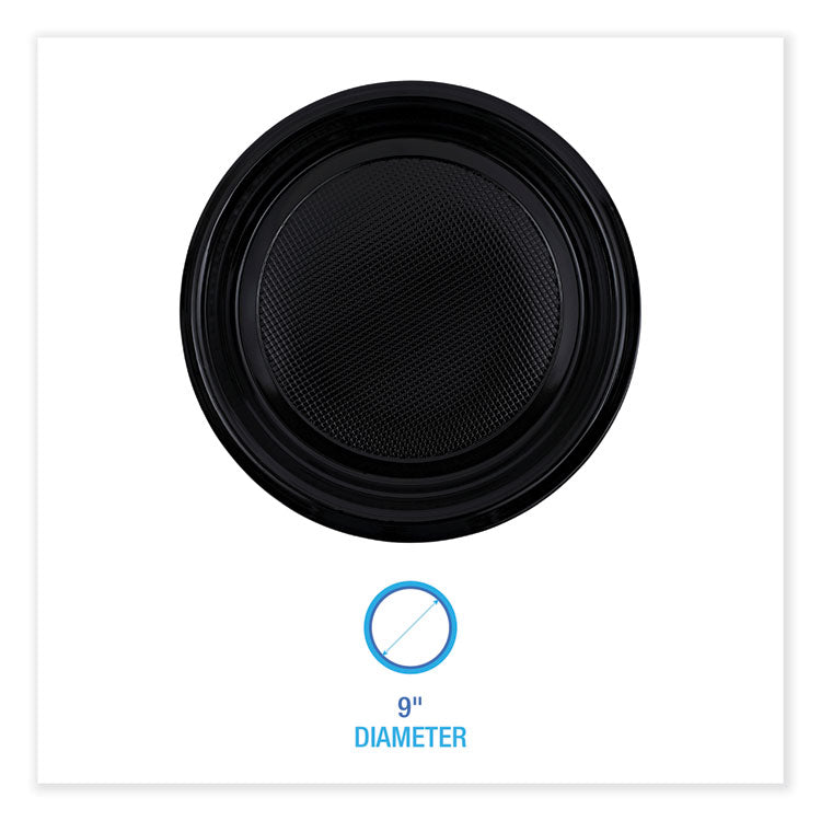 Hi-Impact Plastic Dinnerware, Plate, 9 dia, Black, 500/Carton