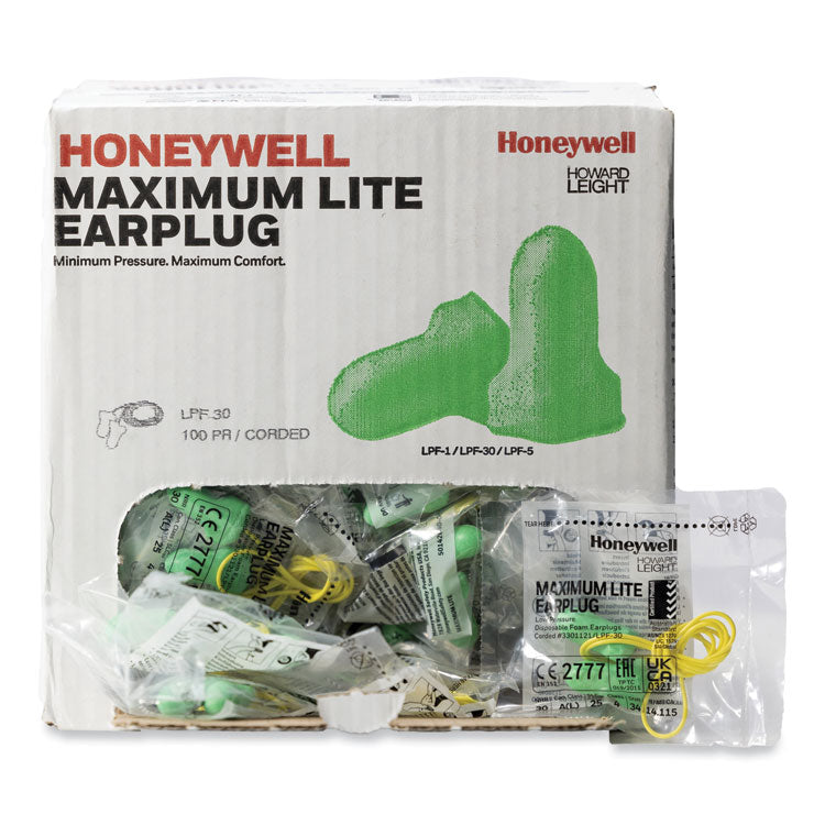 MAXIMUM Lite Single-Use Earplugs, Corded, 30NRR, Green, 100 Pairs