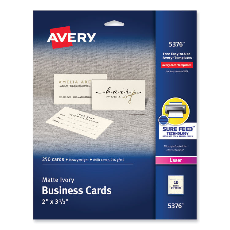 Printable Microperforated Business Cards w/Sure Feed Technology, Laser, 2 x 3.5, Ivory, 250 Cards, 10/Sheet, 25 Sheets/Pack