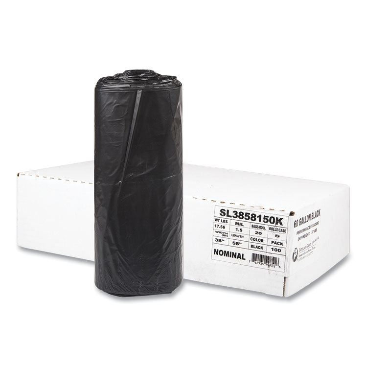 Low-Density Commercial Can Liners, 60 gal, 1.5 mil, 38 x 58 , Black, Interleaved Roll, 20 Bags/Roll, 5 Rolls/Carton
