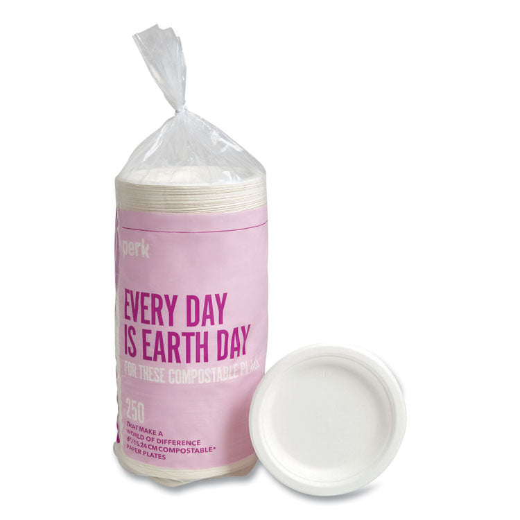 PFAS-Free Compostable Bagasse Plates, 6 dia, White, 250/Pack