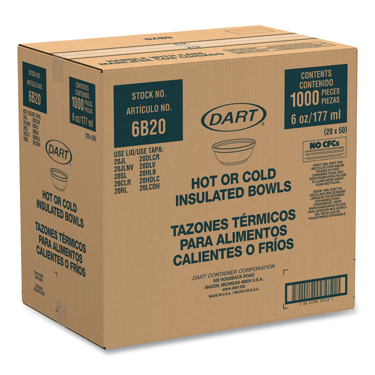 Insulated Foam Bowls, 6 oz, White, 50/Pack, 20 Packs/Carton