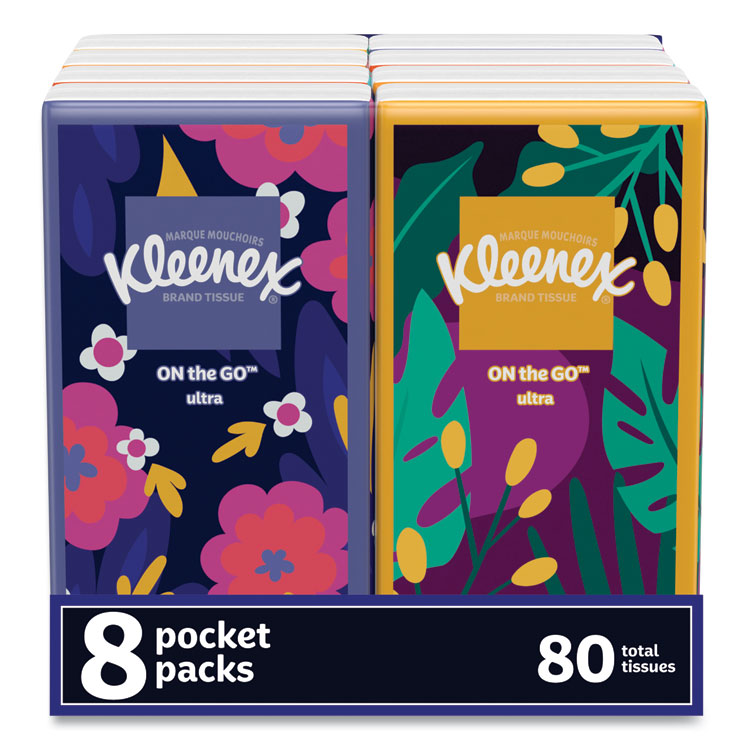 On The Go Packs Facial Tissues, 3-Ply, White, 10 Sheets/Pouch, 8 Pouches/Pack, 12 Packs/Carton